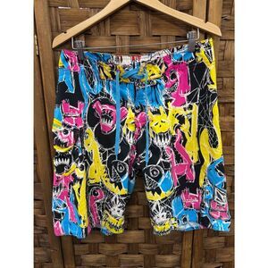 Volcom Black Board Shorts with Bright Blue, Yellow & Pink Graphic Print